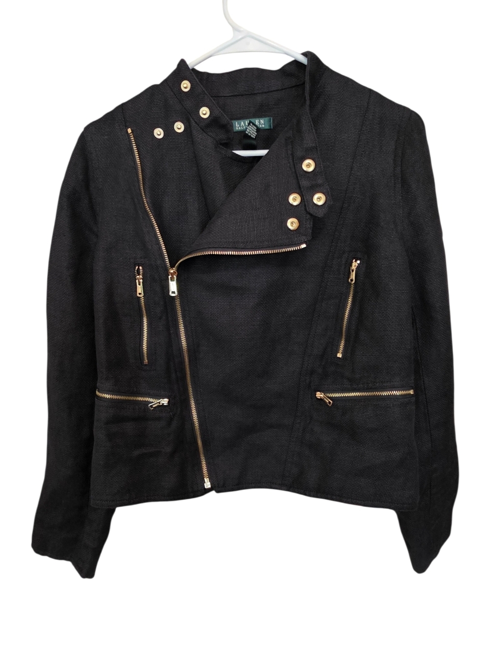 Lauren Ralph Lauren EUC Black Linen Moto  Asymetrical Gold Tone Zip Jacket Sz 10